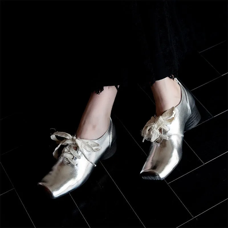 Oxford Heels Lace Up Sheepskin Mary Jane Ballet Flats with Lace up Square Toe in Black/Silver/Brown