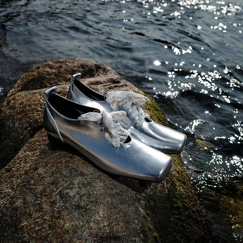 Define Oxford Shoe Sheepskin Mary Jane Ballet Flats with Lace up Square Toe in Black/Silver/Brown