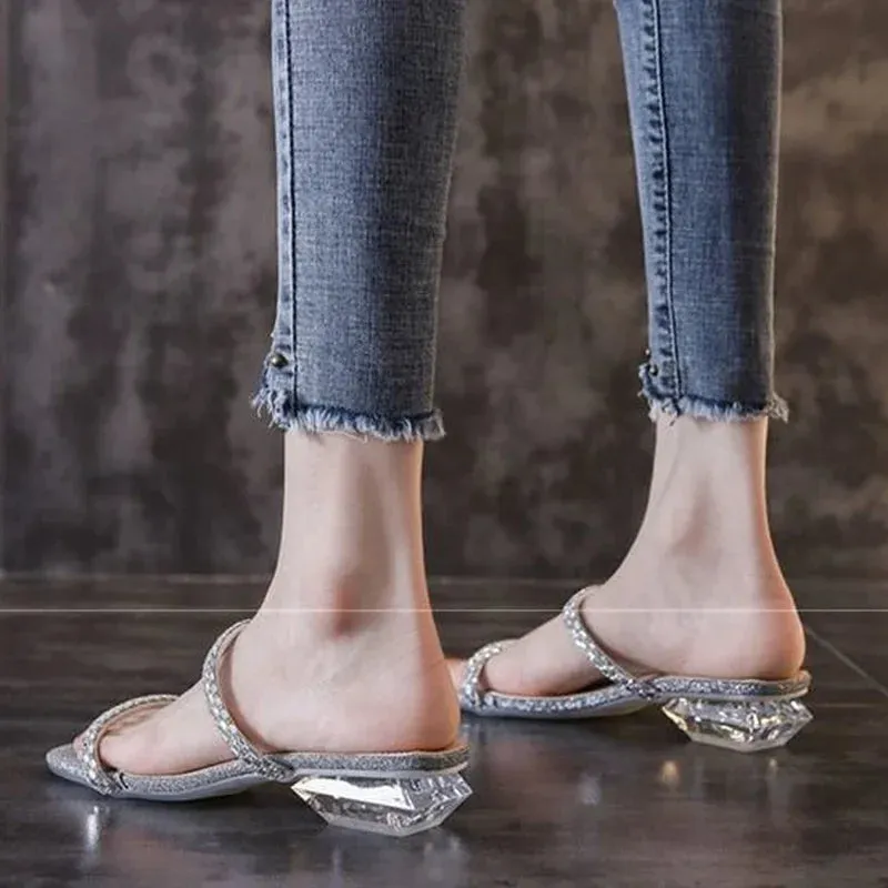 Shoes Crystals Job Women's Slippers and Ladies Sandals Slides on Word Outside Sexy Rhenstone Jewels Low Heel Natural Skin Shoe I Fuzzy Sock Slippers