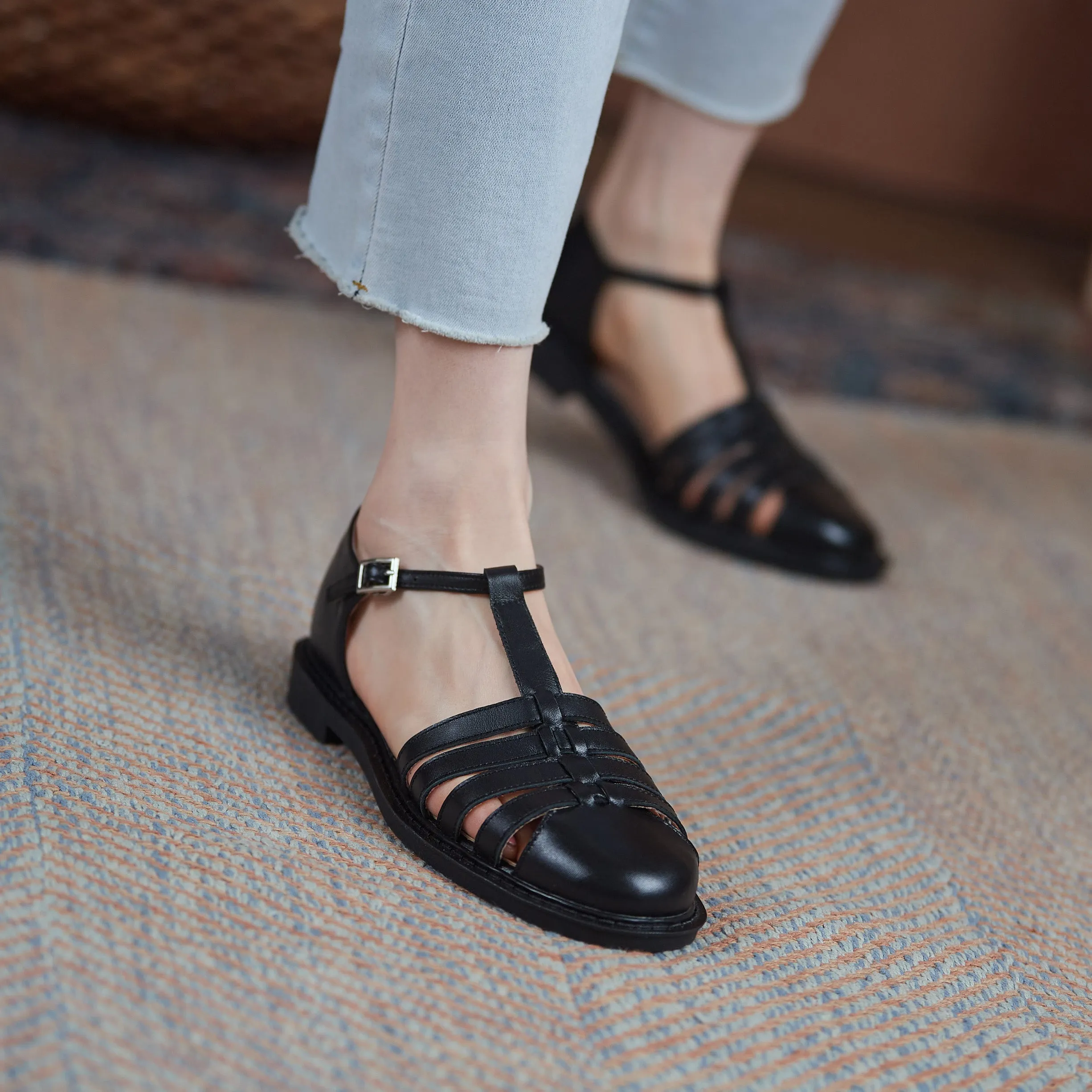 Jeans Sandals Womens Leather Fisherman Braided Flat Sandals Closed Toe