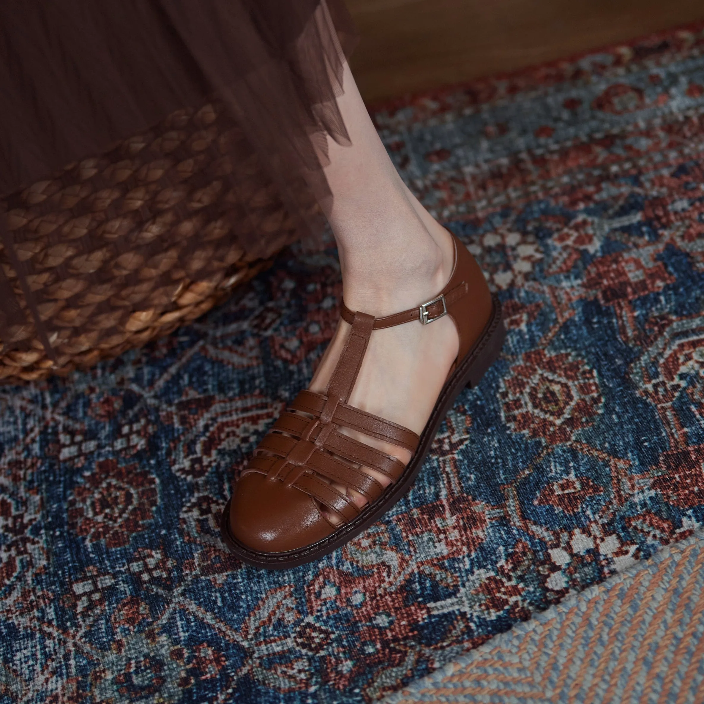 Womens Leather Fisherman Braided Flat Sandals Closed Toe Stitching Sandals