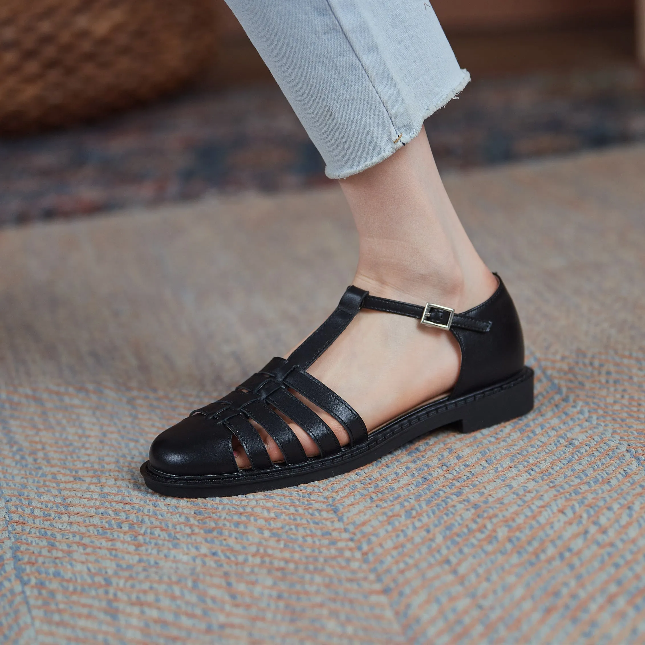 80s Sandals Womens Leather Fisherman Braided Flat Sandals Closed Toe