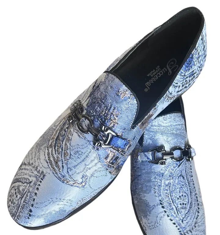 Penny Loafers 1980s Sky Blue Men's Slip-On Formal Tuxedo Shoes Multicolor Floral Paisley Design