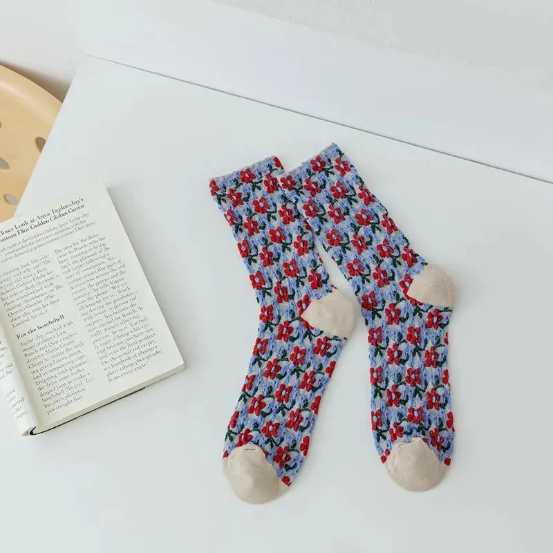 5 Pairs Autumn  Winter Women's Small Flower Stockings Heart Buckle Loafers