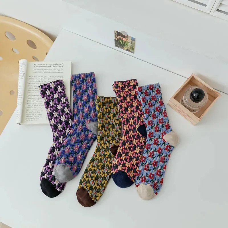 5 Pairs Autumn  Winter Women's Small Flower Stockings Cool Penny Loafers