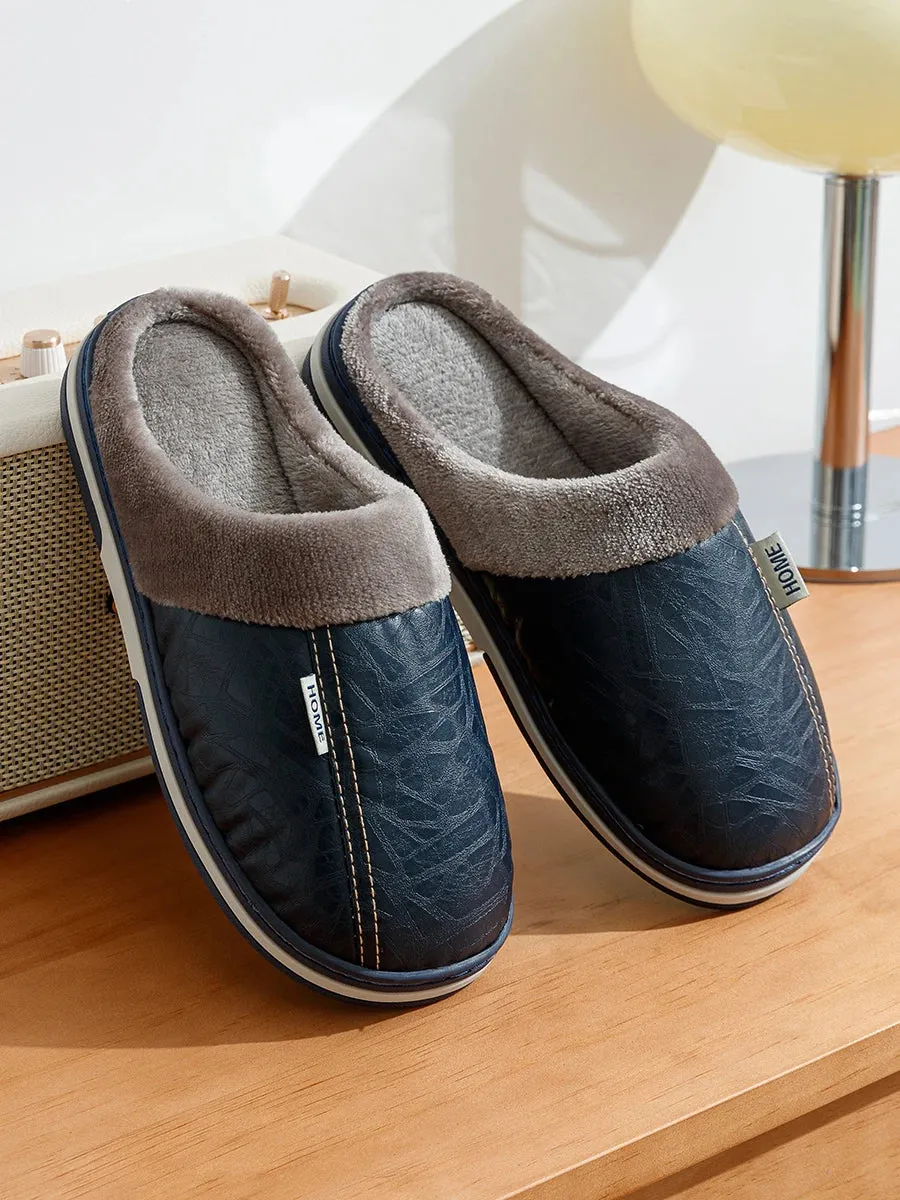 Big Size Winter Casual Men's Slippers Indoor Waterproof PU Leather Home Shoes Fur Flat Warm Fashion Bedroom Houseshoes Used Slides