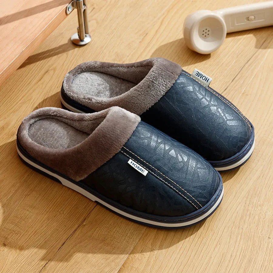 Big Size Winter Casual Men's Slippers Indoor Waterproof PU Leather Home Shoes Fur Flat Warm Fashion Bedroom Houseshoes Fire Engine Slippers