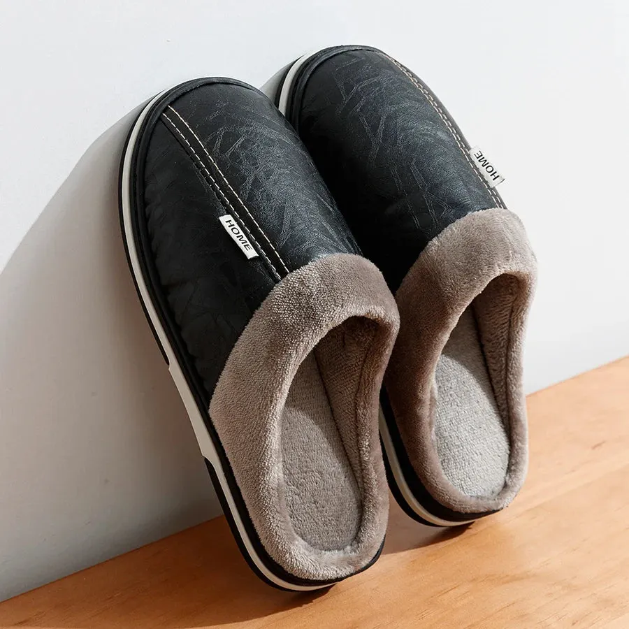 Big Size Winter Casual Men's Slippers Indoor Waterproof PU Leather Home Shoes Fur Flat Warm Fashion Bedroom Houseshoes Cool Slippers