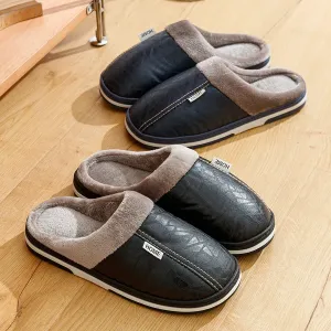 Big Size Winter Casual Men's Slippers Indoor Waterproof PU Leather Home Shoes Fur Flat Warm Fashion Bedroom Houseshoes Wicked Slippers