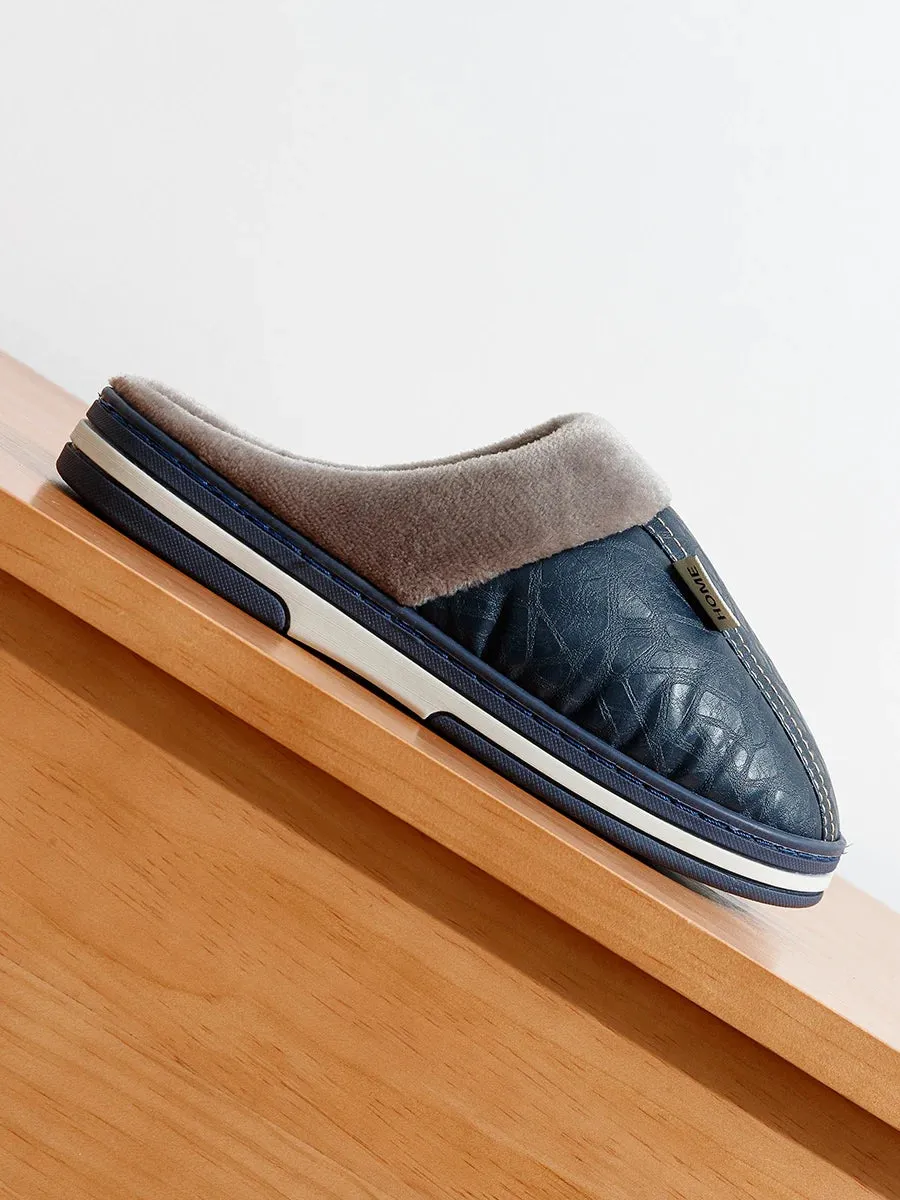 Big Size Winter Casual Men's Slippers Indoor Waterproof PU Leather Home Shoes Fur Flat Warm Fashion Bedroom Houseshoes Define Slippers