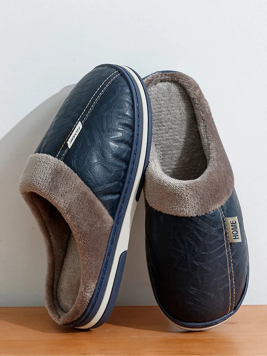 Big Size Winter Casual Men's Slippers Indoor Waterproof PU Leather Home Shoes Fur Flat Warm Fashion Bedroom Houseshoes Climbing Slippers