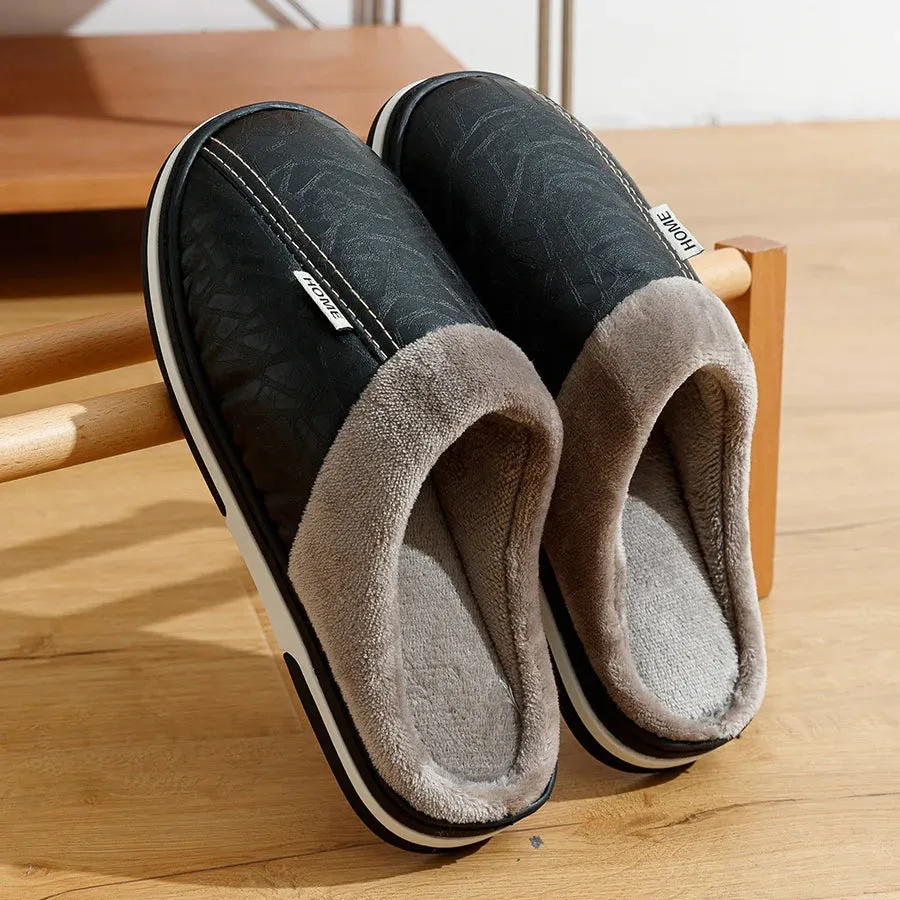 J Crew Slippers Big Size Winter Casual Men's Slippers Indoor Waterproof PU Leather Home Shoes Fur Flat Warm Fashion Bedroom Houseshoes
