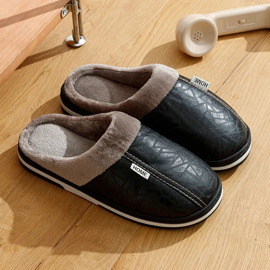 Big Size Winter Casual Men's Slippers Indoor Waterproof PU Leather Home Shoes Fur Flat Warm Fashion Bedroom Houseshoes Suede Slippers