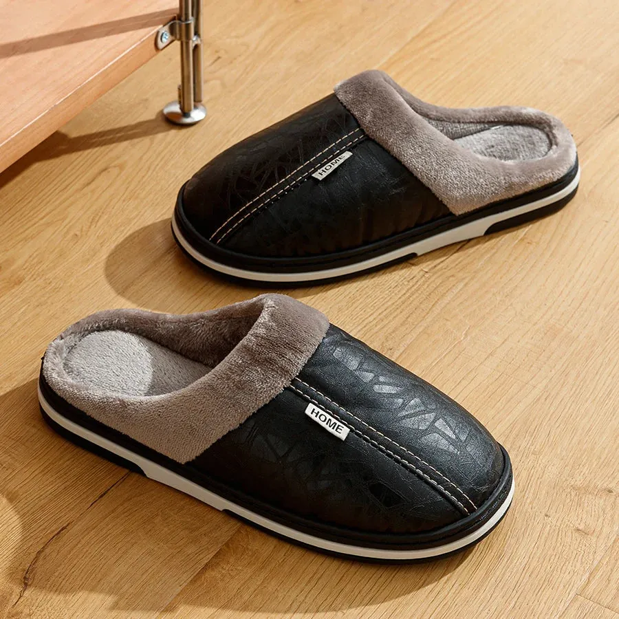 Slides Childrens Big Size Winter Casual Men's Slippers Indoor Waterproof PU Leather Home Shoes Fur Flat Warm Fashion Bedroom Houseshoes