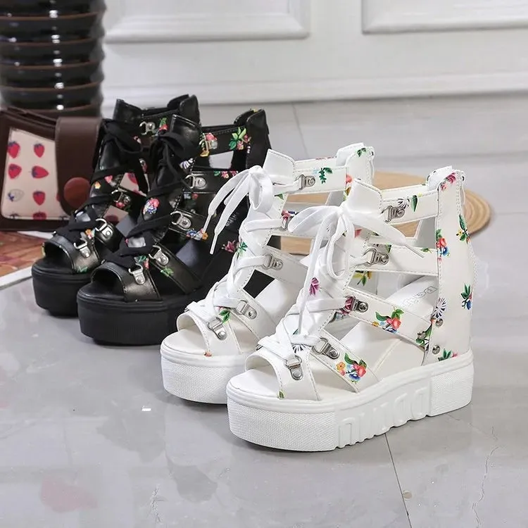 Slippers Near Me Women Floral Graphic Lace-Up Front Wedge Summer Sandals