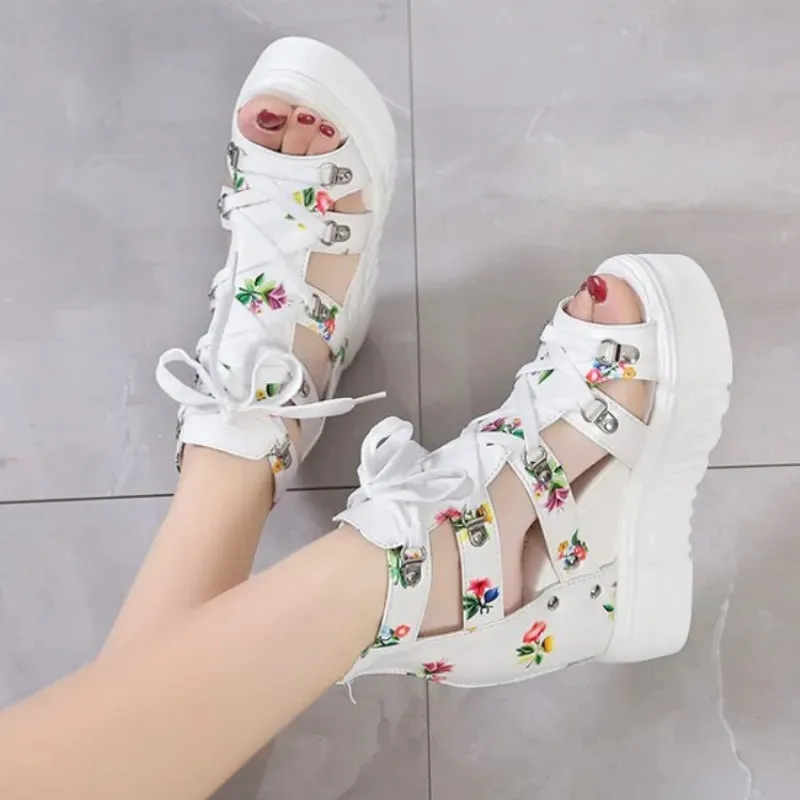Women Floral Graphic Lace-Up Front Wedge Summer Sandals Slides Manteca