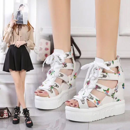 Women Floral Graphic Lace-Up Front Wedge Summer Sandals Slippers San Francisco