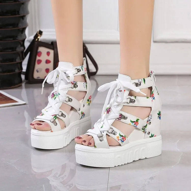 Uzzy Slippers Women Floral Graphic Lace-Up Front Wedge Summer Sandals