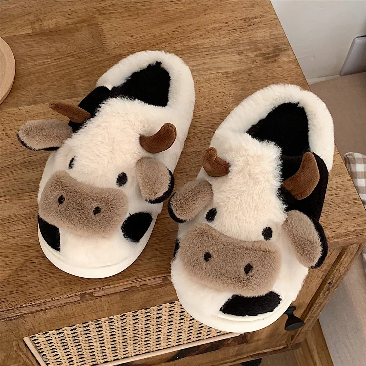 Fluffy Cow Slippers Slippers With Detachable Soles