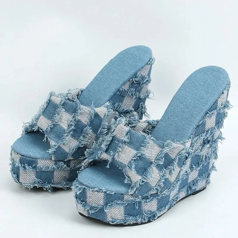 Clogs Slippers binfenxie Round Toe Platform Wedges High Heels Slippers Women Summer Fashion Denim Solid Sandals Concise Slides Female Shoes