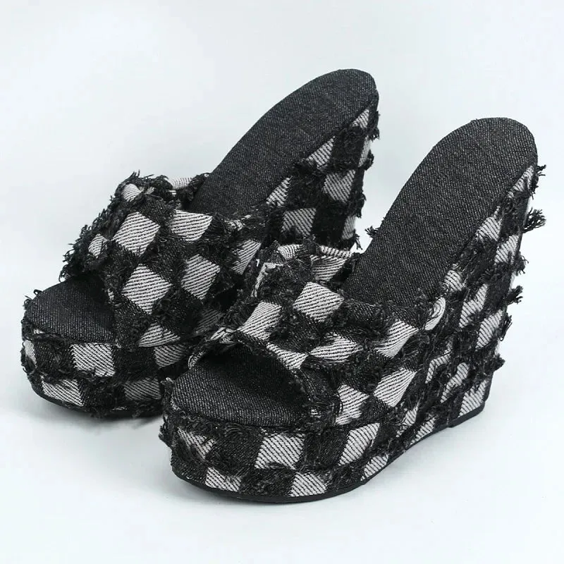 Hideaway Slippers binfenxie Round Toe Platform Wedges High Heels Slippers Women Summer Fashion Denim Solid Sandals Concise Slides Female Shoes
