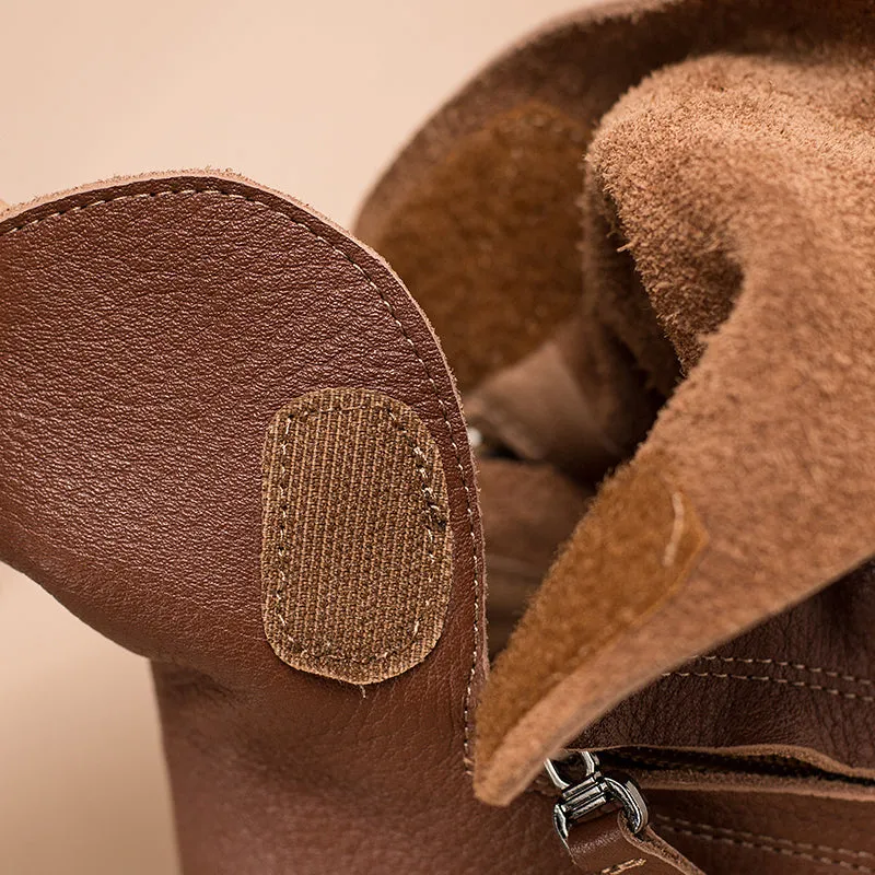 Soft Cowhide Leather Zip Boots Retro Women Chunky Ankle Boots Black/Coffee Base London Oxfords