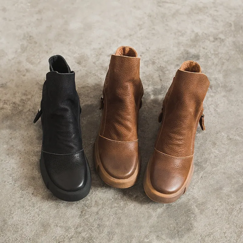 Soft Cowhide Leather Zip Boots Retro Women Chunky Ankle Boots Black/Coffee Park Avenue Oxfords