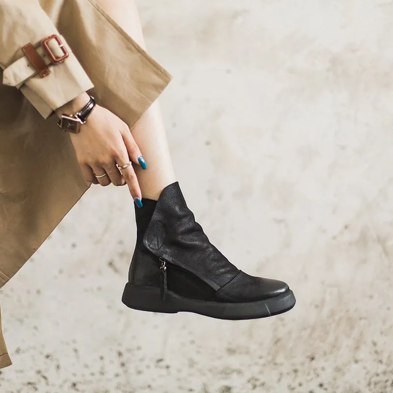 Laceup Oxfords Soft Cowhide Leather Zip Boots Retro Women Chunky Ankle Boots Black/Coffee