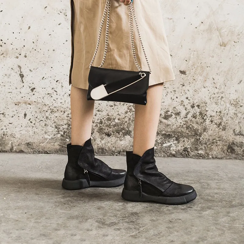 Lace Oxford Shoes Soft Cowhide Leather Zip Boots Retro Women Chunky Ankle Boots Black/Coffee