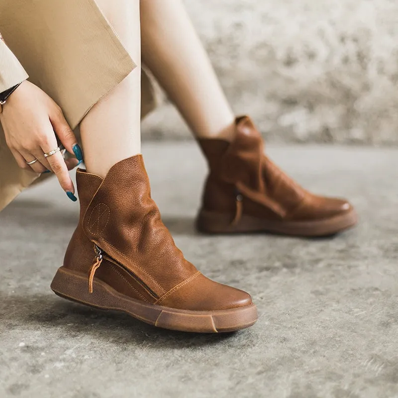 Soft Cowhide Leather Zip Boots Retro Women Chunky Ankle Boots Black/Coffee Cool Oxfords