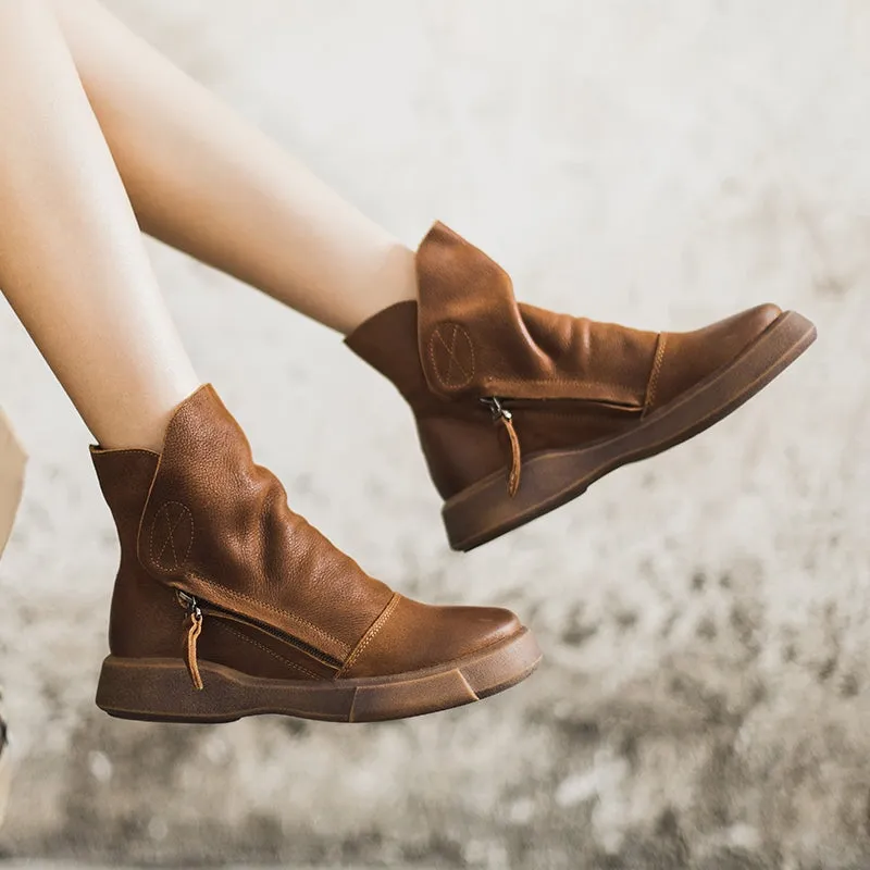Soft Cowhide Leather Zip Boots Retro Women Chunky Ankle Boots Black/Coffee Oxford Brown Dress Shoes