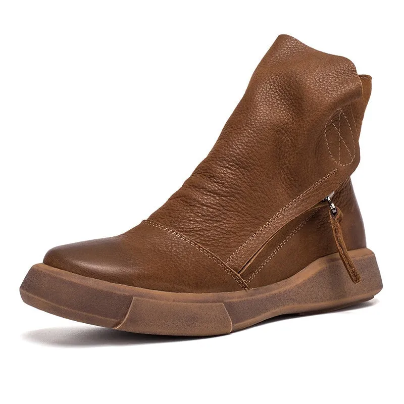 Oxford Shoe Dress Soft Cowhide Leather Zip Boots Retro Women Chunky Ankle Boots Black/Coffee