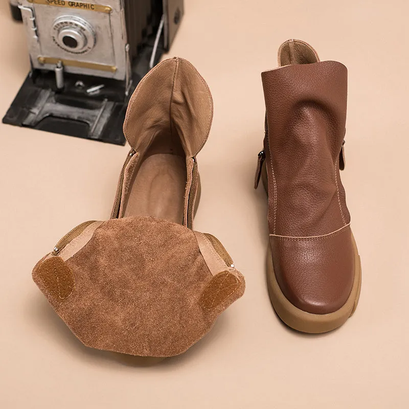 Oxford Feminino Soft Cowhide Leather Zip Boots Retro Women Chunky Ankle Boots Black/Coffee