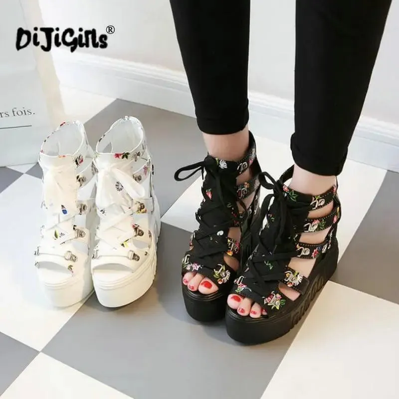 Women Floral Graphic Lace-Up Front Wedge Summer Sandals Slides With Spikes