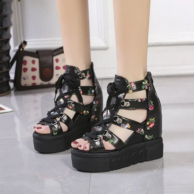 Women Floral Graphic Lace-Up Front Wedge Summer Sandals Leopard Slides