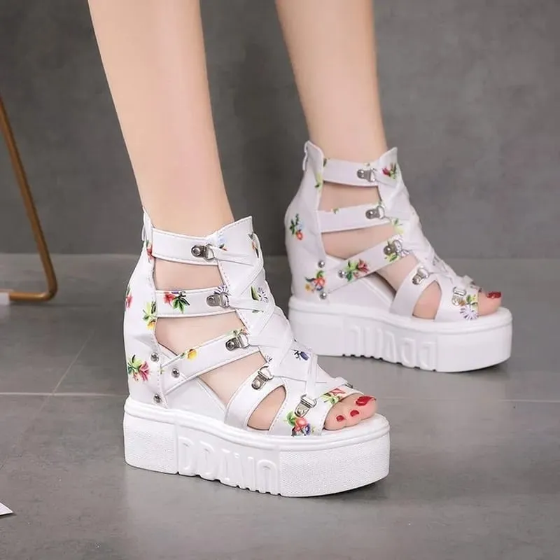 Women Floral Graphic Lace-Up Front Wedge Summer Sandals Vintage Boudoir Slippers
