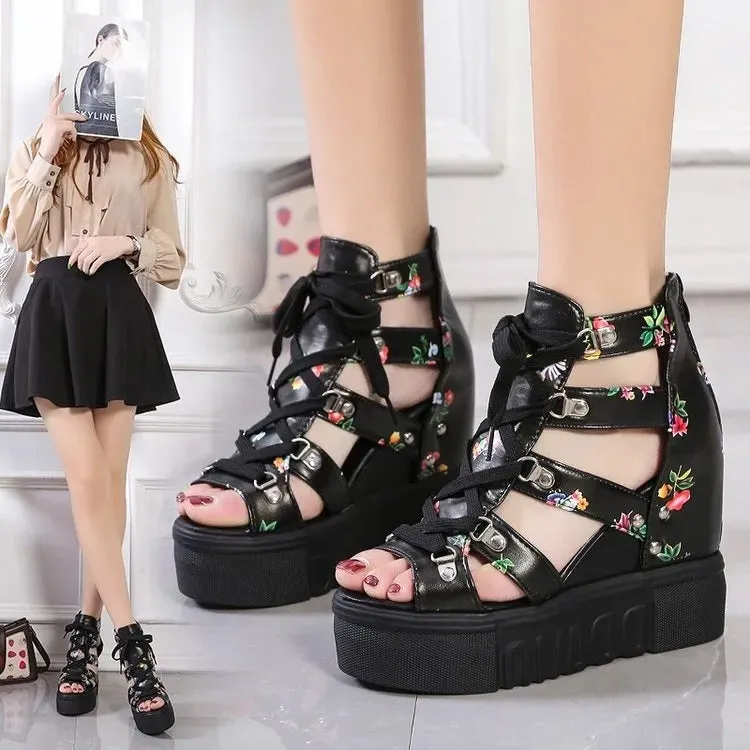 Lilo And Stitch Slippers Women Floral Graphic Lace-Up Front Wedge Summer Sandals