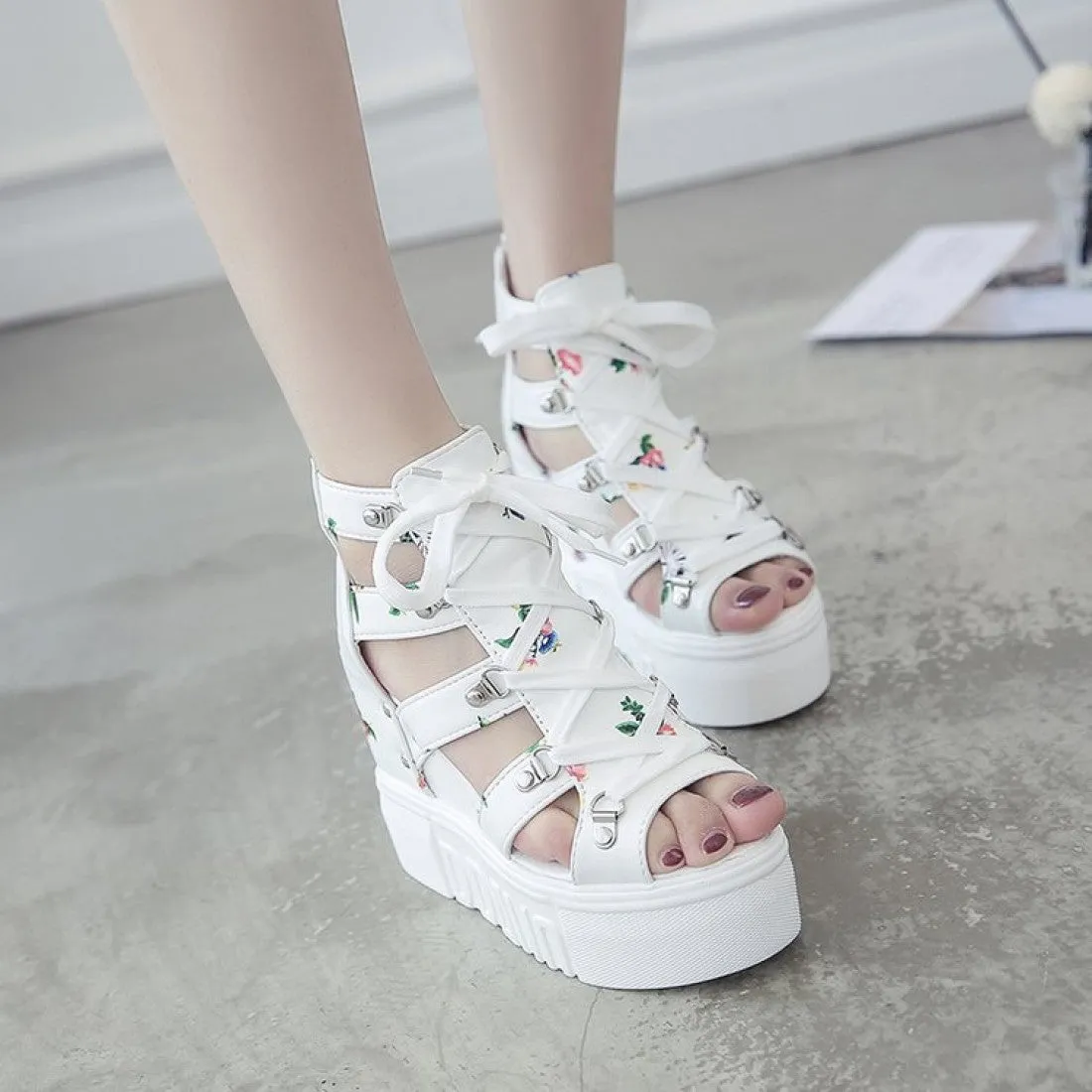 Slippers For Airplane Women Floral Graphic Lace-Up Front Wedge Summer Sandals