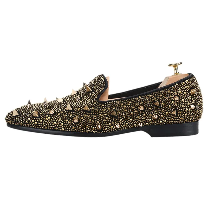 Olukai Slippers Gold Crystals And Studs Mens Loafers Handmade Slip-On Moccasin Shoes