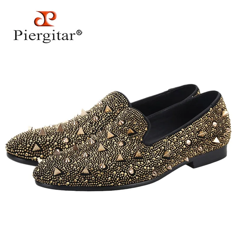 Gold Crystals And Studs Mens Loafers Handmade Slip-On Moccasin Shoes Strap Slippers