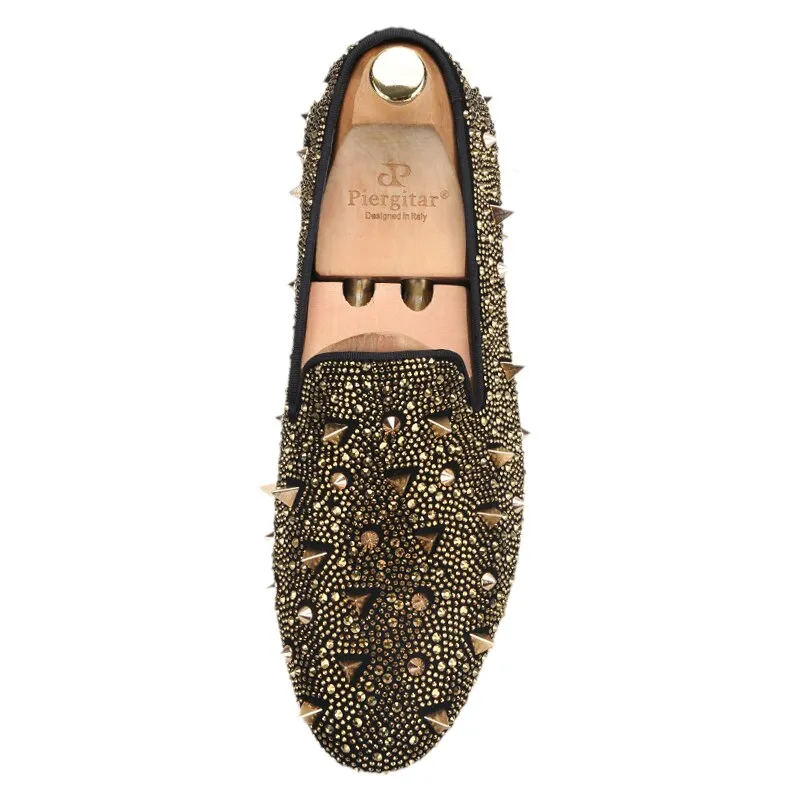 Gold Crystals And Studs Mens Loafers Handmade Slip-On Moccasin Shoes Camp Slippers