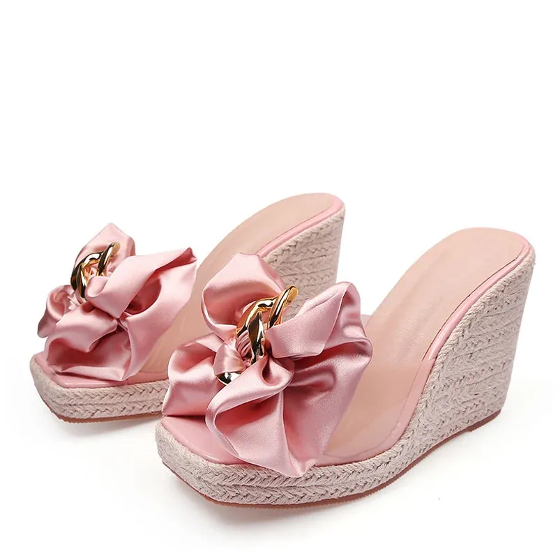 Mopping Slippers Liyke neue Keile Hausschuhe fr Frauen Sommer Mode rosa Schmetterling-Knoten Designer Sandalen Plattform Abstze Gre 46 Damenschuhe