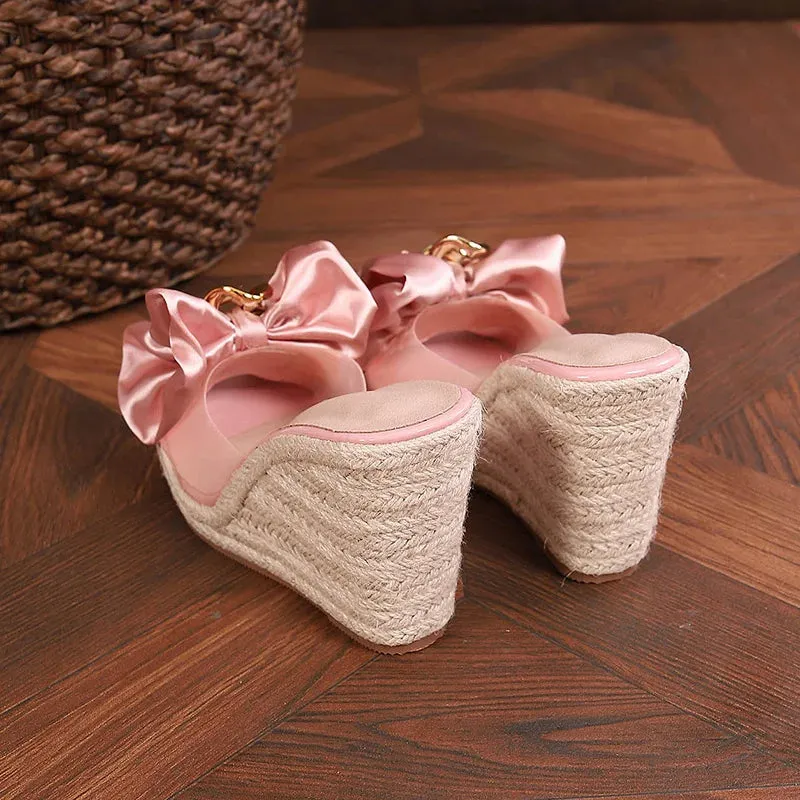 Liyke neue Keile Hausschuhe fr Frauen Sommer Mode rosa Schmetterling-Knoten Designer Sandalen Plattform Abstze Gre 46 Damenschuhe Snow White Slippers