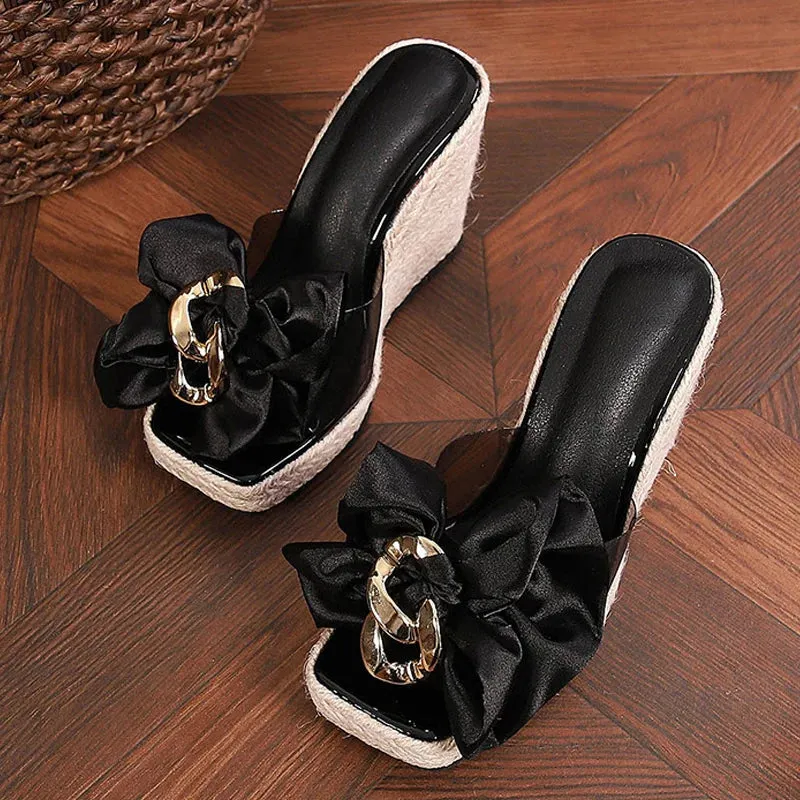 Fluffy Animal Slippers Liyke neue Keile Hausschuhe fr Frauen Sommer Mode rosa Schmetterling-Knoten Designer Sandalen Plattform Abstze Gre 46 Damenschuhe