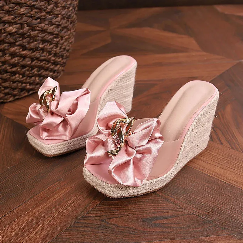 Liyke neue Keile Hausschuhe fr Frauen Sommer Mode rosa Schmetterling-Knoten Designer Sandalen Plattform Abstze Gre 46 Damenschuhe Hydrangea Slippers Size