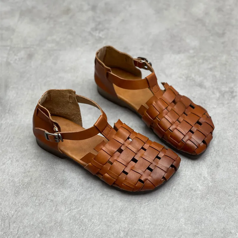 Resort Wedding Womans Genuine Leather Woven Closed Toe Fisherman Sandals