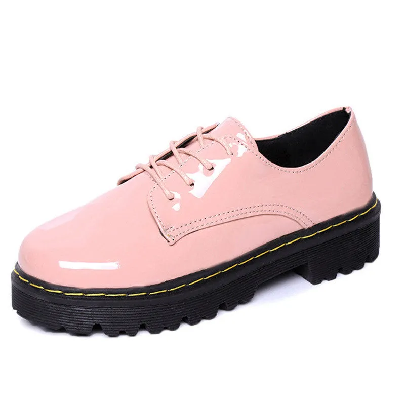 Mizuno Loafers Pink Oxfords Shoes Woman Platform Creepers Patent Leather Flats Casual Lace-Up Loafers Women Brogue Shoes XWD3491