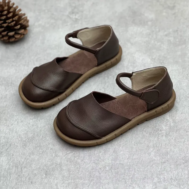 Block Heels Sandals Women's Retro Handmade Genuine Leather Flats Sandals
