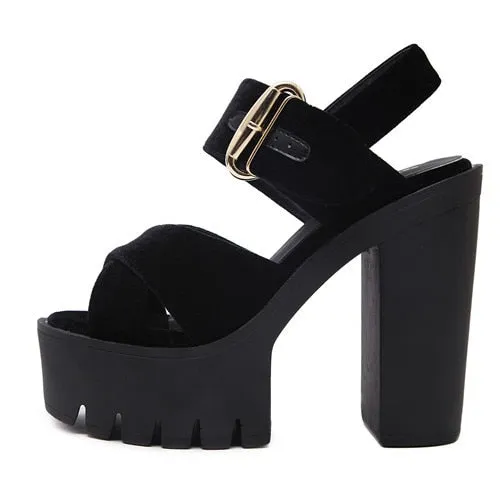 Block Heel Sandals Buckle Square High Heels