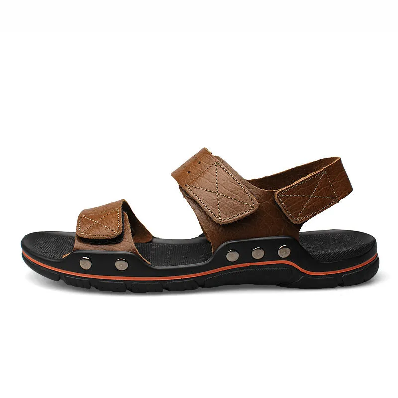 Summer Men Casual Genuine Leather Sandals Flat Beach Sandalias Hombre Cuero Open Shoes Sandales Homm Sparkling Flat Sandals